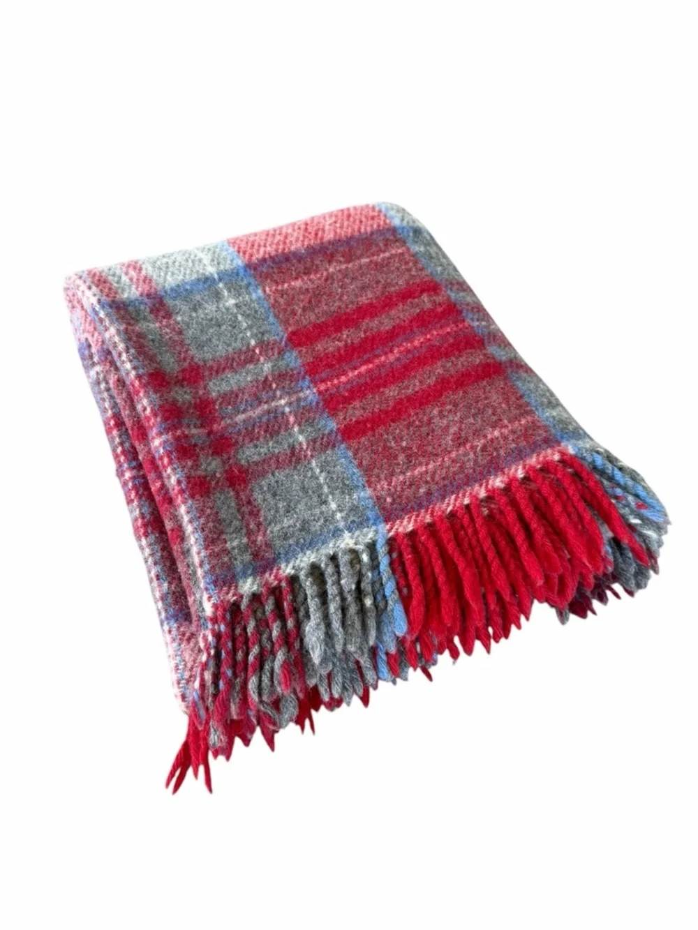 Coperte LaneRossi 100% Virgin Wool Fringed Throw Red Gray Blue Plaid 49x58 GUC